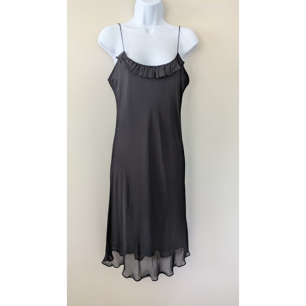 Vtg 90s Y2K Ralph Lauren Black Slip Dress Sz 8 Ruffle Neck Spaghetti Strap Rayon